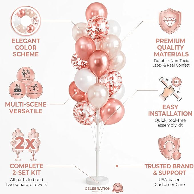 Hiins Balloon Column Kit Set of 2 With Balloons Included - with Base, and Pole,Balloon Tower Backdrop Decoration for Wedding, Baby Shower, Birthday Party, or Bachelorette Parties (Rose)