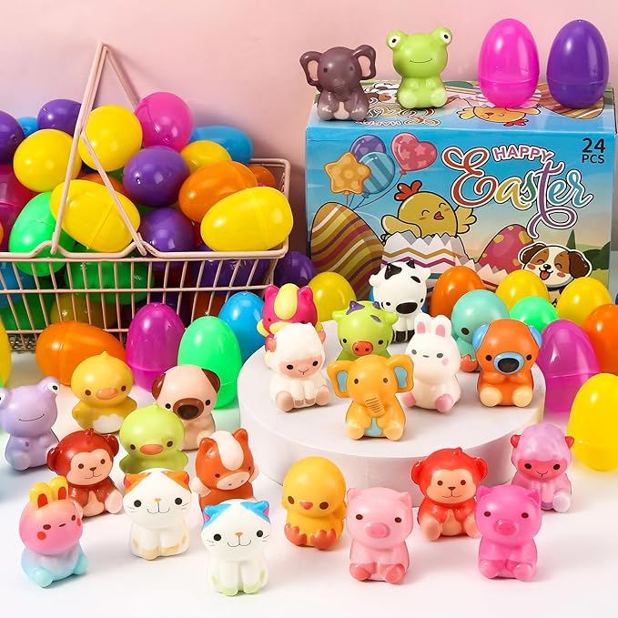 24 Pcs Prefilled Easter Eggs for Kids with Animal Squishy Toys, Easter Eggs Filled for Egg Hunt, Basket Stuffers & Goodie Bag Fillers, Classroom and School Prize Supplies