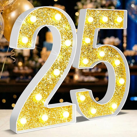 12.6 Inch LED Gold Marquee Light Up Numbers, 25th Birthday Decorations Number Lights as Gifts for Women Men, Glitter Lighted Marquee Numbers for Golden Anniversary Party Table Decor, 25