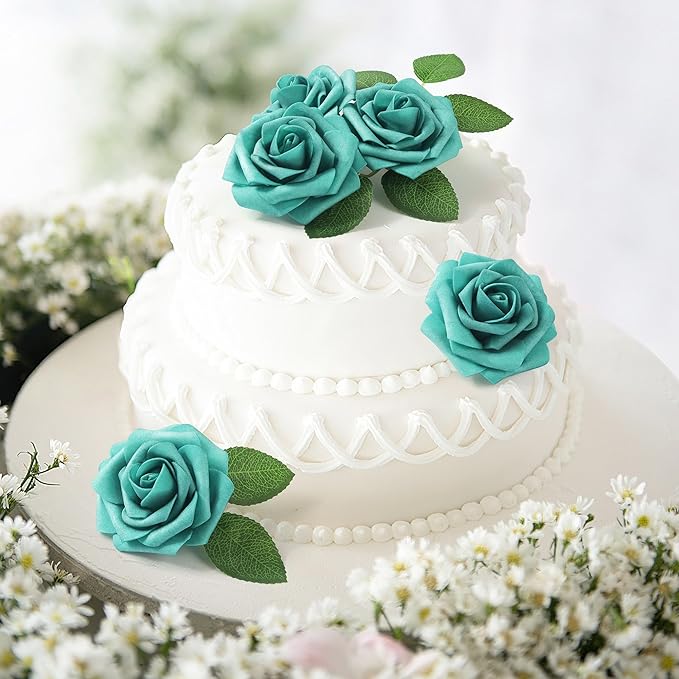 Mocoosy 50Pcs Rose Artificial Flowers, Teal Green Fake Roses for Decorations, Real Touch Foam Roses Bulk with Stem DIY Wedding Bouquet Mother's Day Floral Arrangement Bridal Shower Party Home Decor