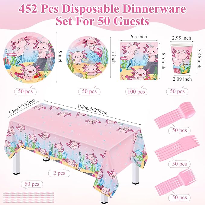 LemonRoad 452 Pcs Axolotl Birthday Decorations for 50, Pink Axolotl Paper Plates Napkins Cups Tablecloth Cutlery Straws Disposable Tableware for Cartoon Animal Baby Shower Birthday Party Supplies