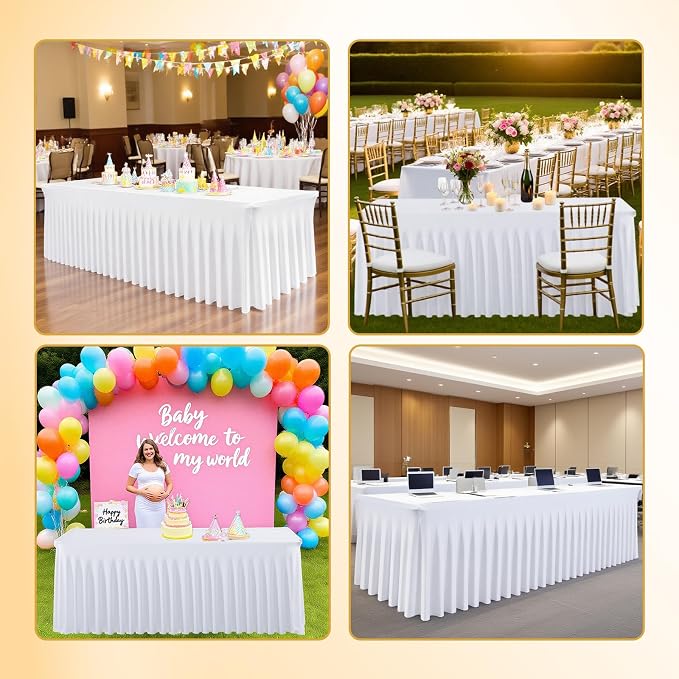 WJWHQ 5 Pack White Spandex Tablecloths, Stretch Fitted 6ft Table Cover (120 Inch) with Skirt, Wrinkle Free for Weddings, Parties, Banquets, Dining Fits 6 Foot Rectangle Tables