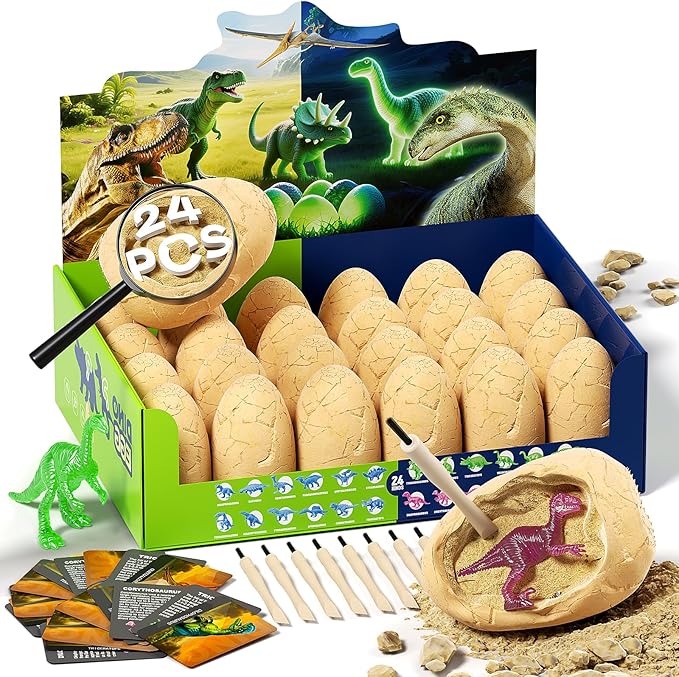 24 Glow in The Dark Dinosaur Eggs, Dig Kit Toys for Kids, Dinosaur Eggs Excavation Kit with Magnifier, Easter Basket Stuffers, STEM Party Favor Gifts for Boys Girls Age 3 4 5 6 7 8 9 10 + Years Old