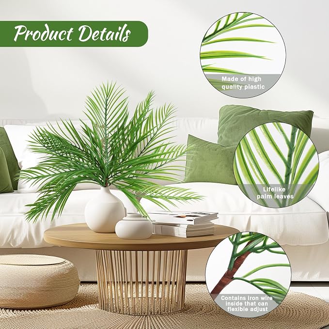 RECUTMS Artificial Palm Plant 2Pcs Fake Tropical Greenery Areca Palm Leaves Bush 20Inches Monstera Leaf Tree Branches for Home Office Garden Jungle Hawaiian Beach Party Outdoor Indoor Decor