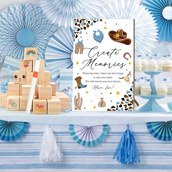 97 Pcs Baby Shower Games Sign Kit,Including Decorate a Block Game Sign 72 DIY Blank Wooden Block 24 Pen to Draw Your Idea for Cowboy Baby Shower Party Game Gender Reveal Party