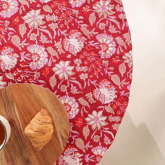 Hand Block Printed Tablecloth – Colorful Floral Print | 100% Cotton | Indian Artisan Handmade Art | Dining Room, Kitchen, Outdoor Décor, (Cherry Red, 8 Seater 90 Inches Round)