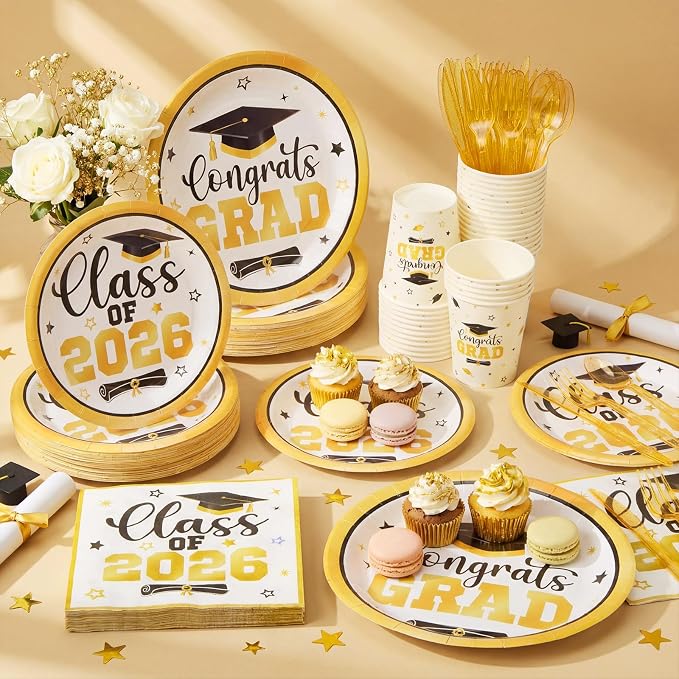Funnymoom 400 Pcs Graduation Party Supplies Class of 2026 Graduation Paper Plate Napkin Cup Cutlery Congrats Grad Disposable Tableware Set for Grad Party Decorations, Serve 50 (Gold, Black)