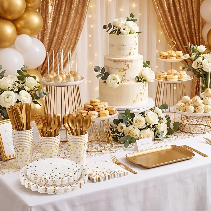 175 Pcs White and Gold Paper Plates and Napkins, Disposable Gold Party Dinnerware Include Scalloped Party Plates Napkin Cups Plastic Cutlery for Birthday Wedding Graduation Congratulations