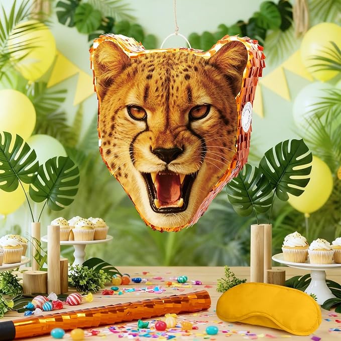 WERNNSAI Cheetah Piñata - Cheetah Party Decorations Jungle Leopard Piñata with Blindfold and Bat for Kids Boys Birthday Classroom Party Game Supplies Safari Birthday Decorations