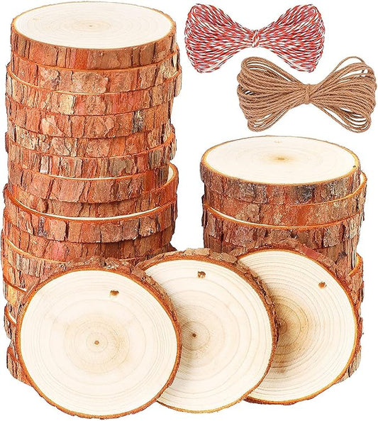 Natural Wood Slices - 30 Pcs 3.1-3.5 Inches Craft Unfinished Wood kit, Predrilled with Hole Thickened Wooden Circles with Bark for Christmas Ornaments, DIY Crafts