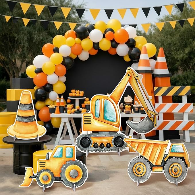 4 Pcs Construction Party Decoration Large 23.62 Inch Construction Cardboard Cutout, Truck Themed Birthday Decorations Photobooth Props Backdrop Yard Signs for Lawn Garden Classroom Decor