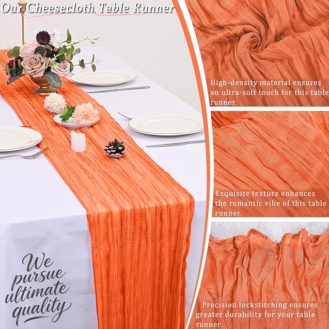 10 Pack Orange Cheesecloth Table Runner 17x108 Inch Semi Sheer Boho Rustic Gauze Cheese Cloth Table Runners for Wedding Party Birthday Baby Shower Home Décor