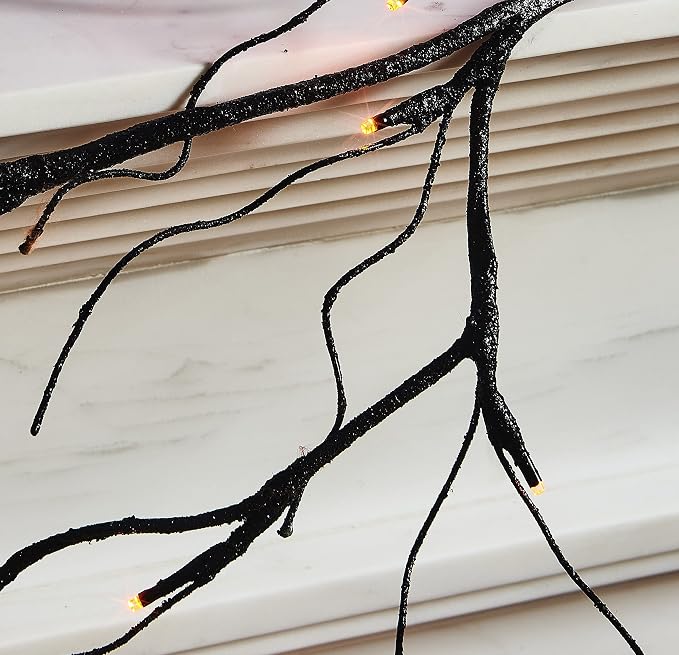 LITBLOOM Lighted Black Glittered Garland with 48 Orange and Purple Bi-Color Lights, Halloween Garland with Lights 8 Functions 6FT Battery Operated for Home Party Halloween Decoration Indoor Outdoor