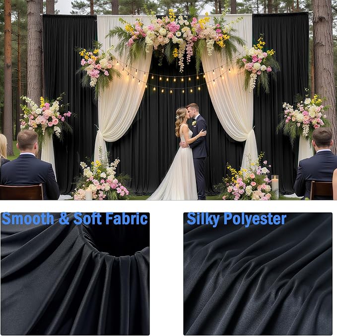 20ftx12ft Wrinkle Free Black Backdrop Curtains for Parties, 4 Panels 5x12FT Long Silky Polyester Black Photo Backdrop Drapes Back Drop Cloth for Wedding Birthday Photography Background Decor