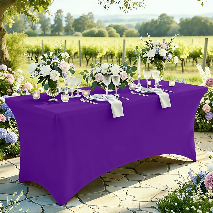 Moosfor Spandex Elastic Fitted 6FT Rectangle Tablecloth 6 Pack, Stretch Washable Reusable Table Cover for Outdoor Picnic, Dining, Wedding, Banquet & Party Events (Purple, 72Lx30Wx30H Inch)