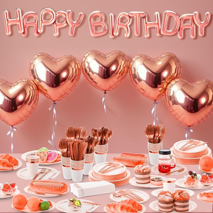 meekoo 350 Pcs Rose Gold Party Dinnerware Set Disposable Paper Plates for 50 Guests 9in and 7in Dinner Dessert Plates Napkins Gold Rim Plastic Cups Knives Forks Spoons for Party Wedding(Round)