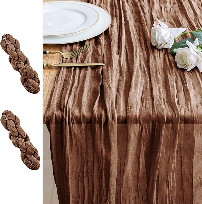 2PCS Table Runner Cheesecloth 10FT Brown Boho Gauze Cheese Cloth Rustic Sheer Table Runners for Wedding Bridal Baby Shower Party Decoration