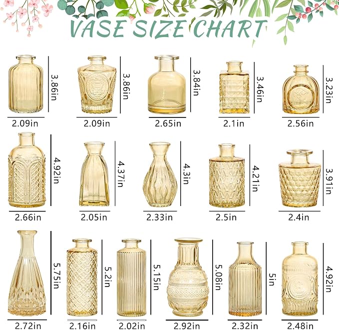 SUPMIND 16Pcs Glass Bud Vase Set, Small Flower Vases in Bulk for Centerpieces, Mini Vintage Amber Vase for Wedding, Home Decor, Table Decoration - Gold Amber