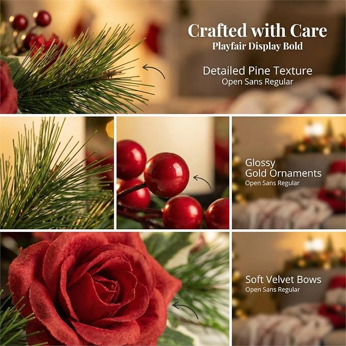 MOYEE Christmas Winter Centerpieces for Tables Candle Ring, Black Metal Candlestick with an Artificial Wreaths 14 in Versatile Dining Table Centerpiece Decor (Rose Wreath)