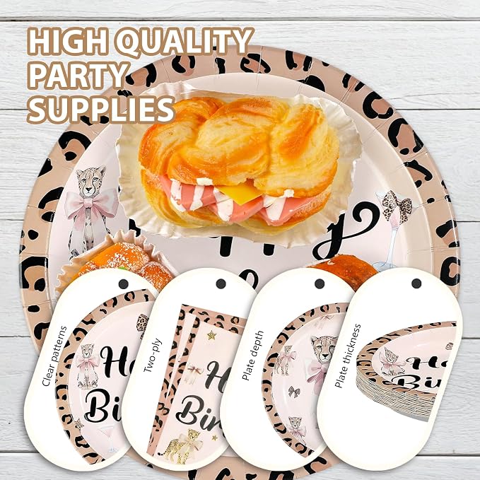 96Pcs Pink Cheetah Bow Birthday Party Decorations, Serves 24 | Leopard Print Plates and Napkins Pink Bow Cheetah Tableware Set for Girls Women Jungle Safari Animal Birthday Party Supplies