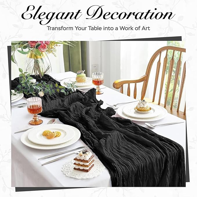 Cheesecloth Table Runner 8 Pack – 35x120 Inch (10ft) Boho Rustic Gauze Cloth Runners – Crinkle Polyester Table Decor for Wedding, Baby Shower, Bridal Shower, Birthday Party and More (Black)