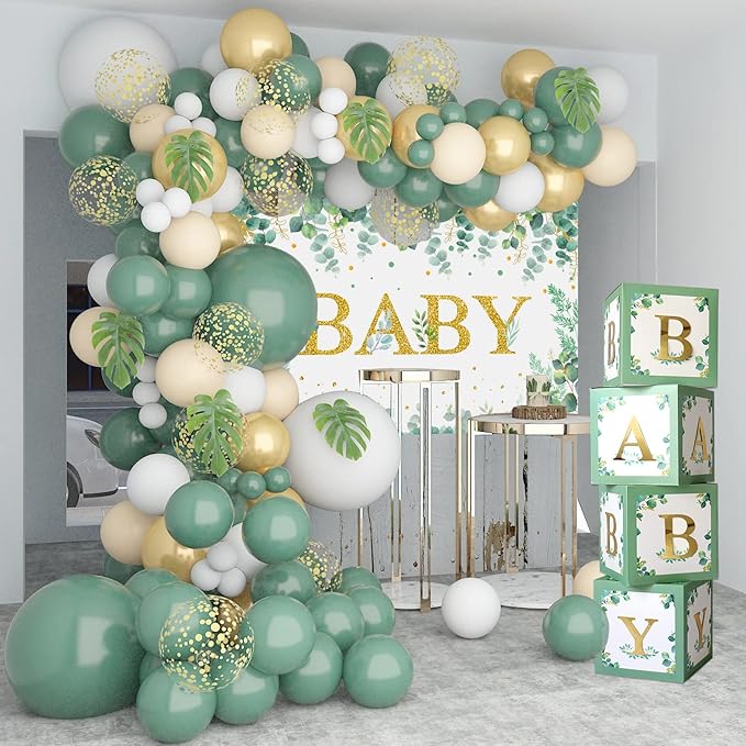 DataMoon Sage Green Baby Shower Decorations 125PCS Green Balloon Arch Kit, Balloon Boxes, Backdrop for Woodland Jungle Theme Baby Shower Decor Gender Reveal Birthday Party Supplies