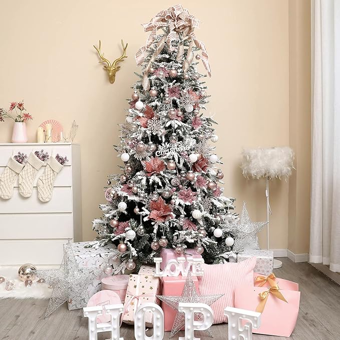 CristBest 30ct Christmas Ball Ornaments-60mm/2.36" Shatterproof Clear Plastic Xmas Balls Baubles Set with Stuffed Delicate Sparkling, Hanging Christmas Tree Decorations(Rose Gold)