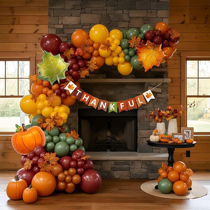 Thanksgiving Party Decorations & with Fall Color Ruby red Burnt orange Yellow Sage Green Balloon Garland Kit & Maple leaf Pumpkin Foil balloons & Banner for Autumn Birthday harvest festival Decor