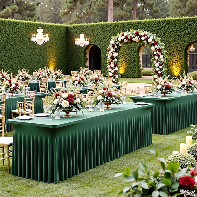 2 pk Hunter Green Spandex Tablecloth for 6 Foot Rectangle Tables, Wrinkle Free Fitted Spandex Table Covers 6ft Green Stretch Table Cloths with Ruffle Skirt for Parties Weddings Banquet Baby Shower