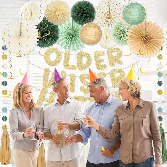 Roetyce Birthday Party Decorations, Green Gold Glitter Older Wiser Hotter Banner Photo Background for Women Men, Funny Happy Birthday Backdrop Decor, 30th 40th 50th 60th 70th 80th Party Supplies