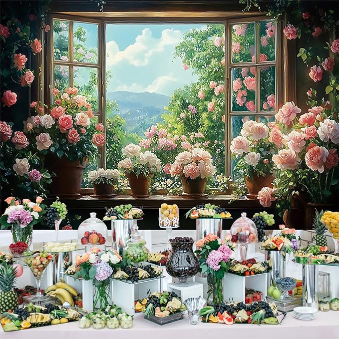 Baocicco 12x8ft Flowers Windowsill Photography Background Spring Floral Retro Oil Painting Photo Backdrop for Valentines Mothers Day Birthday Wedding Party Decorations Girls Women Portraits