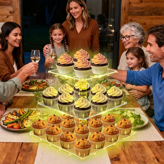 YestBuy 3 Tier Clear Square Cupcake Stand - Premium Cupcake Holder - Acrylic Cupcake Tower Display - Candy Bar Party Décor + LED Light String - Ideal for Weddings, Birthday Parties (Yellow Light)