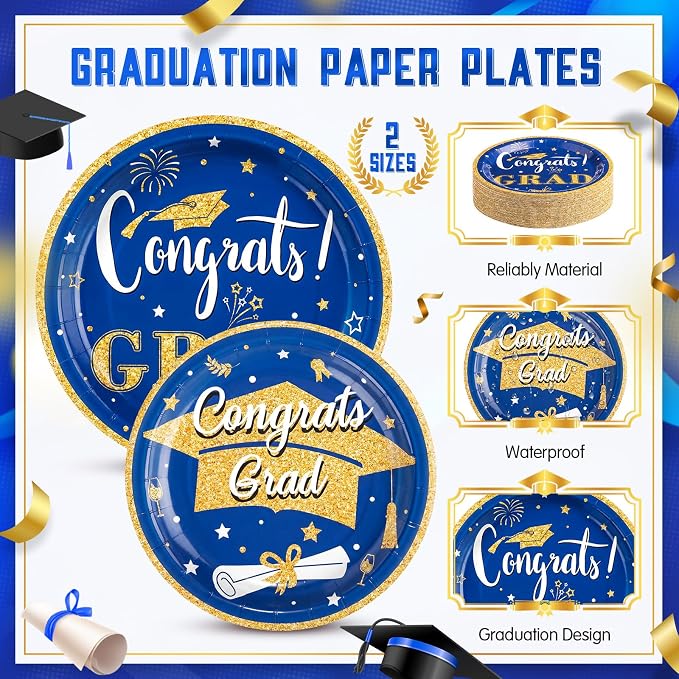 Domensi 400 Pcs 2026 Graduation Decorations Plates and Napkins and Cups Set Serve 50, Blue and Gold Graduation Party Supplies, Class of 2026 Paper Tableware 9oz Cup Knife Fork Spoon Congrats Grad