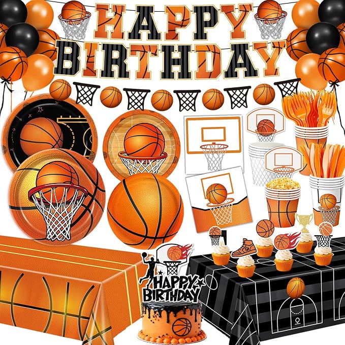 202 PCS Basketball Birthday Party Decorations - Plates, Napkins, Cups, Basket Card, Banner, Balloons, Cake & Cupcake Toppers, Tablecloths, Cutlery for Basketball Party Decorations, Serves 24