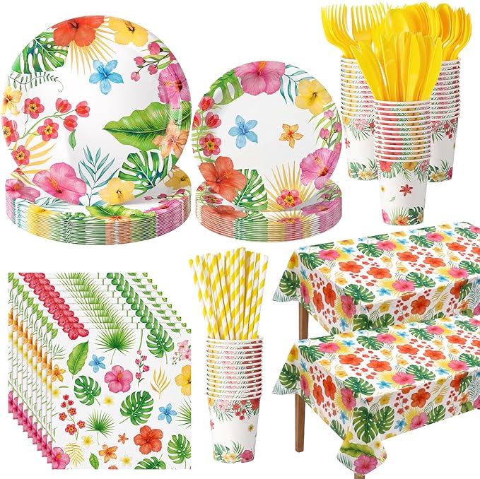 Vesici 452 Pcs Tropical Luau Party Supplies Set for 50 Guests Include 9'' 7'' Paper Plates 9 oz Cups Napkins Tablecloths Forks Spoons Straws for Aloha Hawaiian Hibiscus Flower Birthday Decorations