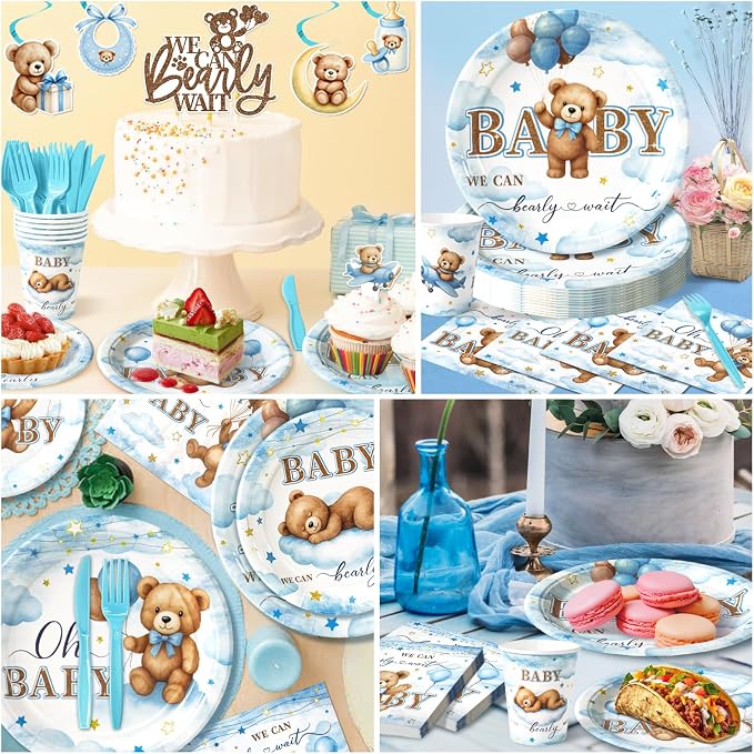 205 Pcs Blue Bear Baby Shower Decorations Boy - Serve 24, Baby Boy Party Supplies Set with Banner, Plates, Napkins, Tablecloth, Balloons, Swirls, Cake Toppers