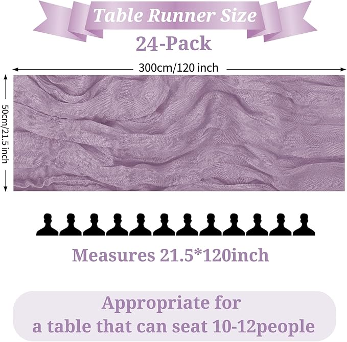 24 Pack Purple Cheesecloth Table Runner, 10FT Violet Amethyst Cheesecloth Rustic Boho Table Runner Long Romantic Semi Sheer Table Runner for Wedding Birthday Bridal Party Decorations(21.5×120 Inch)