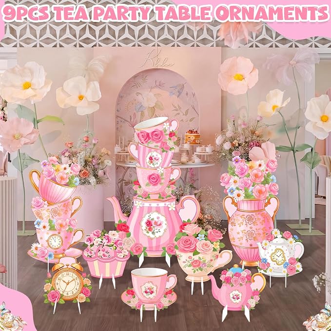 9 Pcs Tea Party Decorations Set, Large Floral Cutouts with Stand, Vintage Teapot Cup Decor for Girls Birthday, Bridal Shower, Photo Backdrop Supplies
