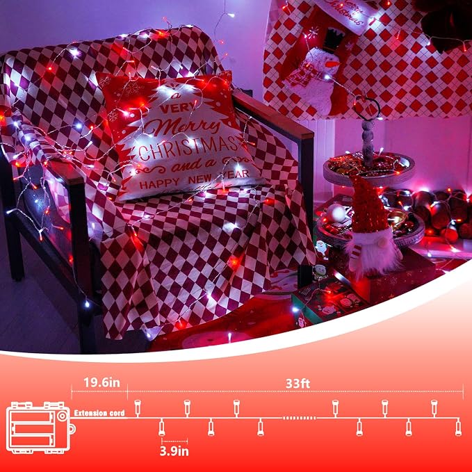 YEGUO Battery Operated String Lights, 2 Pack Each 33ft 100 LED Twinkle Fairy Lights Outdoor Waterproof, 8 Modes Clear Wire Red and White Christmas Lights Indoor with Remote