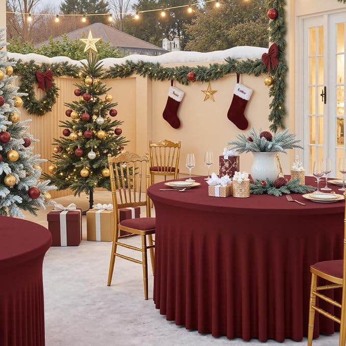 2 Pack Burgundy Round Tablecloth with Skirt, 60 Inch Elastic Fitted Table Cover for 5FT Tables, Wrinkle-Resistant & Washable Snug Fit for Christmas, Thanksgiving, Holiday Dinners & Parties