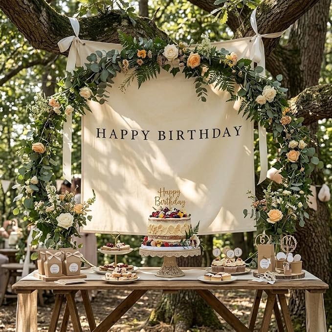 Oudain 40x40 Inch Happy Birthday Burlap Banner, Fabric Party Decorations Backdrop, Boho Rustic Photo Props Sign with Hanging String for Birthday Party Indoor Outdoor Yard Wall Decor