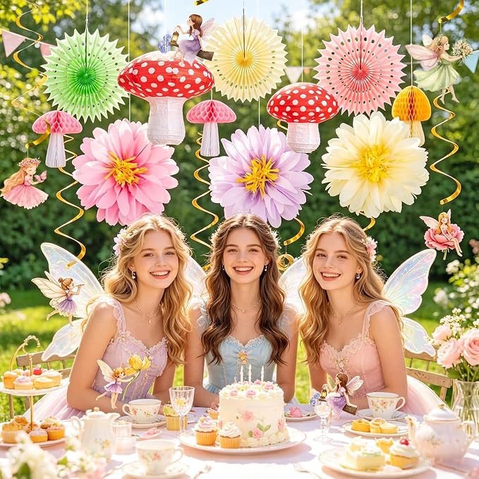 17PCS Fairy Birthday Party Decorations Set Fairy Themed Red Green Purple Pink Paper Mushroom Lantern Decor for Girls Birthday Decor Spring Tea Party Baby Shower