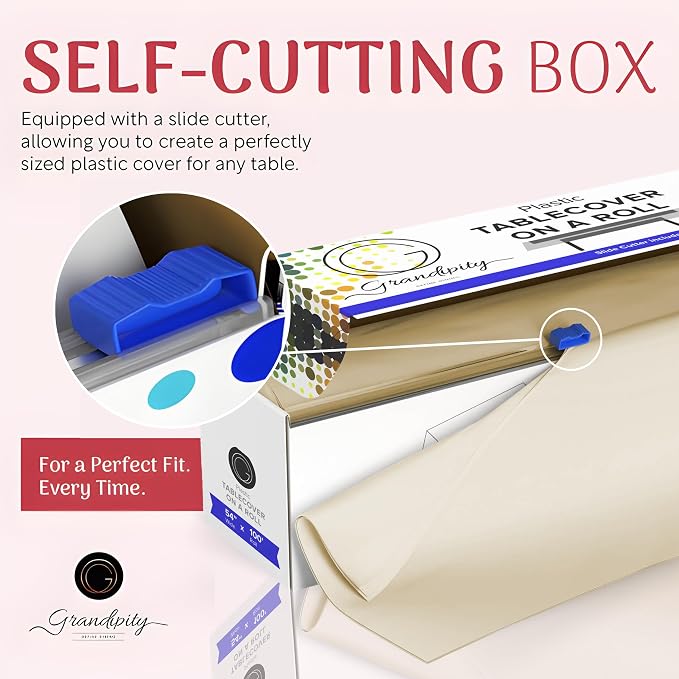 Grandipity Plastic Tablecloth Roll - 54in x 100 Ft. Ivory Plastic Table Cloths for Parties Disposable with Cutter Box - Cut to Size Disposable Tablecloth Table Cover for Rectangle & Round