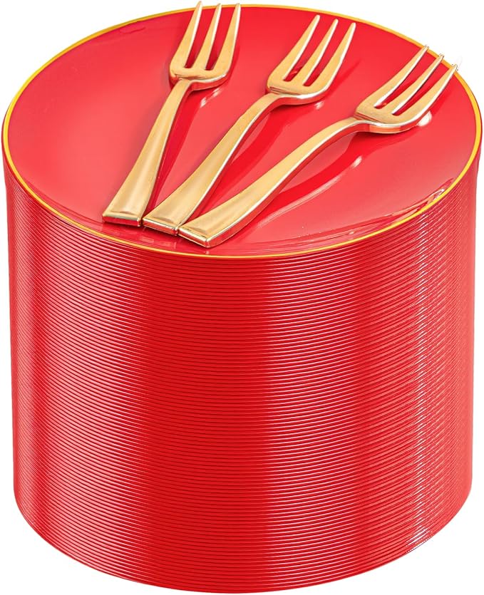 Festiva 200Pcs Red Gold Dessert Plates 6.3" with Plastic Forks 5"-Small Disposable Plates- Dessert/Cake/Appetizer Plastic Plates include 100Plates 100Forks for Birthday Party&July 4th