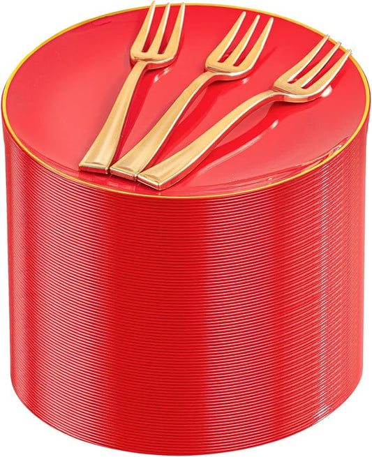 Festiva 200Pcs Red Gold Dessert Plates 6.3" with Plastic Forks 5"-Small Disposable Plates- Dessert/Cake/Appetizer Plastic Plates include 100Plates 100Forks for Birthday Party&July 4th