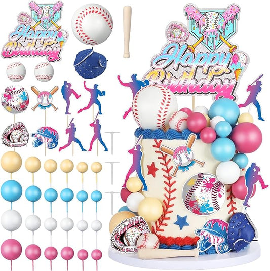 Novabright 42 Pcs Baseball Ice Cream Drip Birthday Cake Decorations Baseball Themed Birthday Cake Toppers Detachable Photo Props for Party Supplies(Ice Cream,Classic)