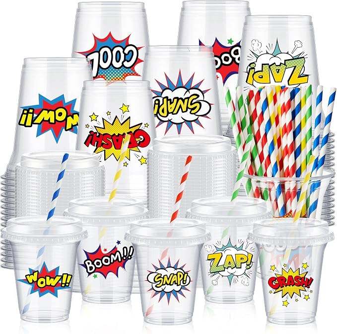 Qinyoung 60 Sets Hero Party Cups with Lids and Paper Straws 14 oz Hero Birthday Party Supplies Favor Disposable Clear Plastic Cups Bulk
