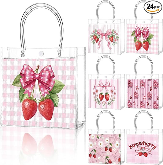 Teenyyou 24 Pcs Strawberry Clear Gift Bags Transparent PVC Tote Bags with Handles Reusable Strawberry Print Goodie Container for Theme Party, Birthday, Baby Shower, Wedding