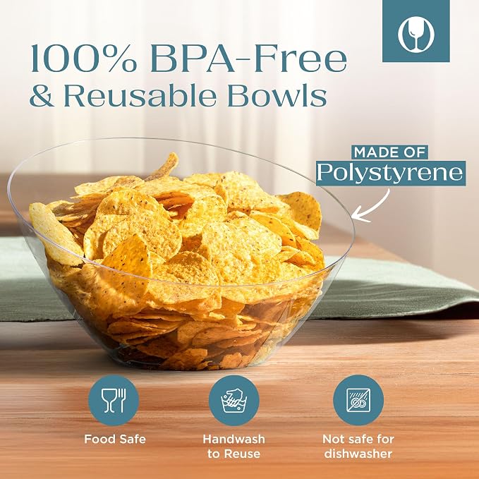 Posh Setting - Clear Plastic Serving Bowls for Party Angled Bowls Disposable Chip Bowls Candy Bowls for Party Table Salad and Fruit Bowls for Wedding Serving Bowls-Clear, 54 OZ, 5 Pack