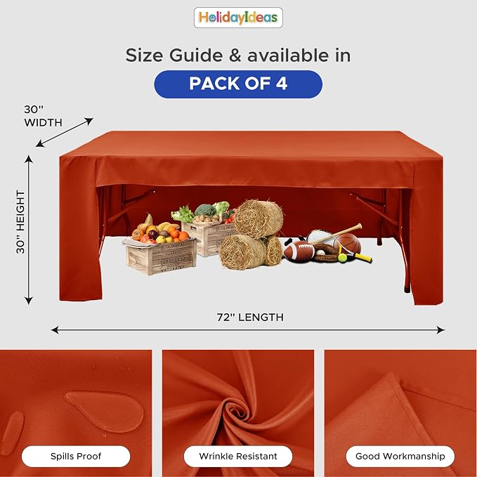 HolidayIdeas 4-Pack 6ft Rust 3-Sided Fitted Tablecloth for Fall | open back table cover; autumn wedding desk covers; reusable overlays for banquet events or outdoor craft shows
